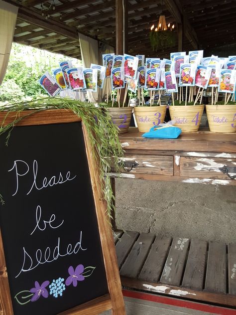 Please be "seeded". What a clever way for guest to find their table! #weddingseatingchart Flower Seed Seating Chart, Wildflower Seating Chart, Seed Packet Wedding Seating Chart, Please Be Seeded Seating Chart, Wildflower Seed Wedding Favors, Please Be Seeded Wedding Seating Chart, Wildflower Seeds Wedding Favor, Wedding Reception Design, Seating Cards