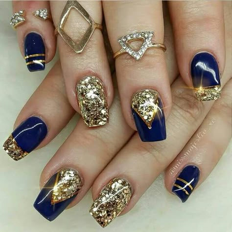 Gold n Navy Blue Gold Nails, Gold Manicure, Gel Nails Long, Gold Acrylic Nails, Navy Blue Nails, Gold Nail Designs, Gold Nail Art, Glittery Nails, Gold Glitter Nails