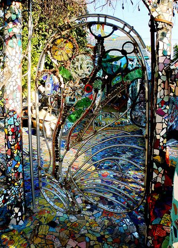 Mosaic House Gate, Laurie Avocado | Flickr - Photo Sharing! It would make a stunning garden gate, too. Harriet The Spy, Tile House, House Gate, Metal Gates, Mosaic Stained, Atlas Obscura, Mosaic House, Iron Gates, Fence Gate