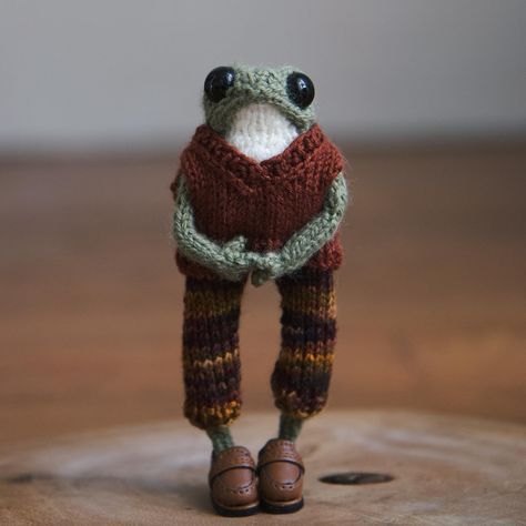 🥺 lil guy The pants were made with @peacockyarn.se ´s amazing yarn #froggy #knittedfrog #knittedfroggyinsweater #adorablegifts #frogsofinstagram #imadethisfrog #froggie #froggy #dotpebblesknits #littlefrogs #knit How To Crochet A Frog, Frog Knitting, Pocket Frogs, Frog Plushie, Homemade Dolls, Crochet Frog, Crochet Goodies, Fun Crochet Projects, Frog And Toad