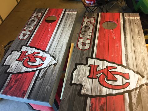 Kansas City Chiefs Cornhole Boards. Chiefs Cornhole Boards, Kansas City Chiefs Cornhole Boards, Chiefs Wooden Signs, Diy Kansas City Chiefs Decor, Cornhole Board Plans, Chiefs Crafts, Kansas City Chiefs Craft, Diy Cornhole Boards, Cornhole Boards Designs