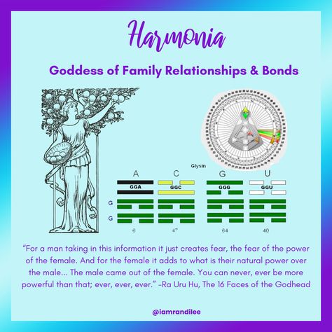 Harmonia is the 14th face of the Godhead in Human Design and the second face of the 3rd Quarter of Duality. In Greek mythology, Harmonia is the goddess of harmony and concord. In Human Design, she represents the goddess of family relationships and bonds. This face of the Godhead contains gates 40, 64, 47 and 6, which all code for the amino acid Glysine and form the Codon Ring of Alchemy. Harmonia is where the programming to focus on relationships comes from. #HumanDesign #Godhead Harmonia Goddess, Feng Shui Chart, Human Design System, All Codes, The Book Club, Lesson 1, Two Faces, Amino Acid, Human Design