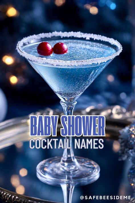 A glamorous winter-themed blue mocktail in a martini glass, rimmed with sugar and garnished with two red cranberries, styled for a Winter Wonderland baby shower. The text reads "Baby Shower Cocktail Names" with the @safebeesideme tag below. *We may earn a small commission from your purchase. Baby Shower Cocktail Names, Baby Shower Drink Names, Baby Shower Bar, Baby Shower Cocktails, Crystal Cocktail Glasses, Drink Names, Shower Bar, Cocktail Names, Baby Shower Drinks