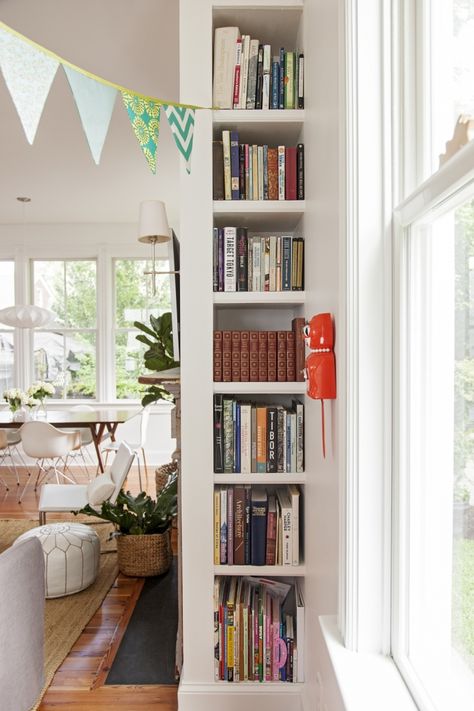 narrow book shelf Small Narrow Bookshelf, Wall Corner Book Shelf Ideas, Narrow Bookcase Ideas, White Narrow Bookshelf, Narrow Shelf Ideas Bedroom, Narrow Shelves Decor, Slim Built In Bookcase, Narrow Alcove Shelves, Narrow Wall Shelf Ideas