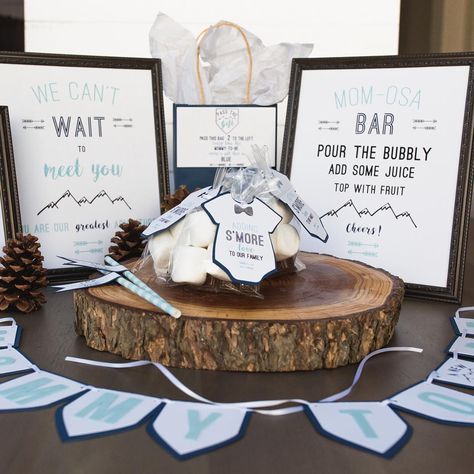 Party Decorations & Positivity on Instagram: “As summer is rapidly coming to an end, we’re looking toward all the fall and winter themes like this woodsy baby shower 🏔 that includes…” Mountain Baby Shower Theme, Woodsy Baby Showers, Baby Skiing, Lake Theme, Mom-osa Bar, Winter Activity, I Love Summer, Adventure Theme, Winter Woodland