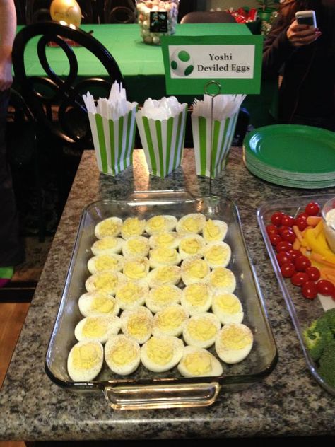 Yoshi deviled eggs Luigi Birthday Party, Luigi Birthday, Yoshi Egg, Super Mario Bros Party, Egg Food, Mario Bros Party, Mario And Luigi, Deviled Eggs, Super Mario Bros