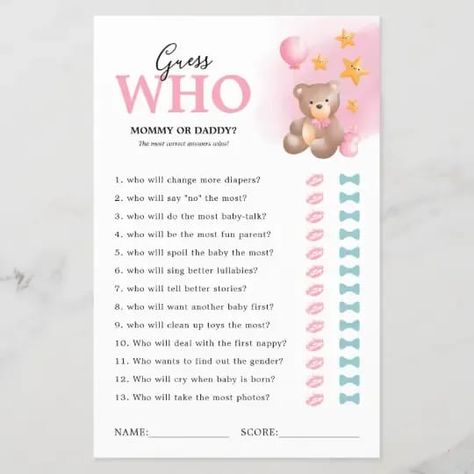 A girl teddy bear baby shower game featuring a simple plain white background, a watercolor bear, pink balloon, gold stars & a babies bottle, and a "guess who, mommy or daddy" template that is easy to personalize. Teddy Bear Baby Shower Theme, Bear Baby Shower Theme, Funny Baby Shower Games, Gender Reveal Games, Gender Reveal Themes, Teddy Bear Party, Bear Pink, Pink Teddy Bear