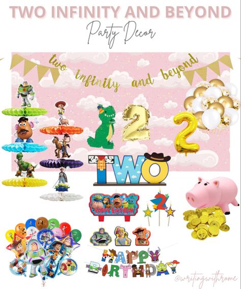 Toy story birthday party decor, toddler girl birthday party, 2nd birthday party theme, Disney birthday party, buzz and woody birthday, 2nd birthday, balloons, pink clouds backdrop, party decor, piggy bank and coins, birthday cake candles, two infinity and beyond, to infinity and beyond, you’ve got a friend in me, toy story, birthday banner, mini pinata, gold and pink birthday theme, Amazon finds, Amazon decor, kids birthday party ideas, gold balloons, gold foil decor You’ve Got A Friend In Me Birthday Party, Toy Story Birthday Party Ideas 2nd Girl, Girly Toy Story Party, Toy Story 2nd Birthday Girl, Toy Story Girl Birthday Party Ideas, Two Infinity And Beyond Birthday Girl, Toy Story Birthday Party Ideas Girl, Two Infinity And Beyond Birthday Cake, 2nd Birthday Balloons