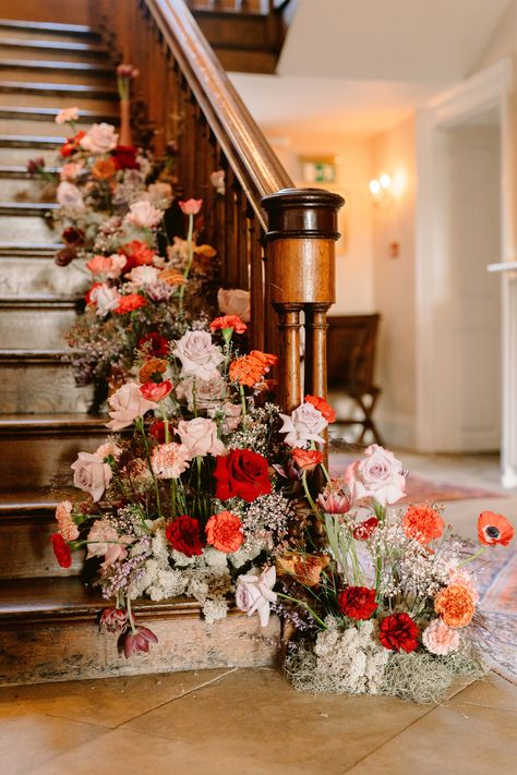 Floral Staircase Wedding, Floor Floral Arrangements Wedding, Staircase Wedding, Spring Windows, Wedding Staircase, Country House Wedding Venues, Open Days, Greenhouse Wedding, December Wedding