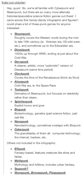 Different types of Punk and descriptions Types Of Steampunk, Types Of Cyberpunk, Different Types Of Steampunk, Different Types Of Punk Aesthetics, How To Write Steampunk, How To Write Cyberpunk, Steampunk Writing Ideas, Cyberpunk Writing Ideas, Fantasy Concepts Writing