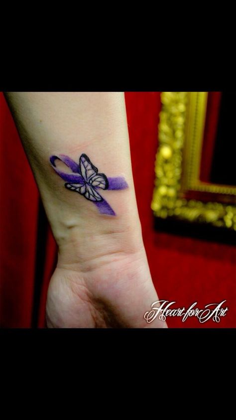 Fibro tattoo Purple Ribbon Tattoos, Alzheimers Tattoo, Crohns Tattoo, Survivor Tattoo, Awareness Tattoo, Band Tattoos, Kunst Tattoos, Ribbon Tattoos, Tattoos Skull