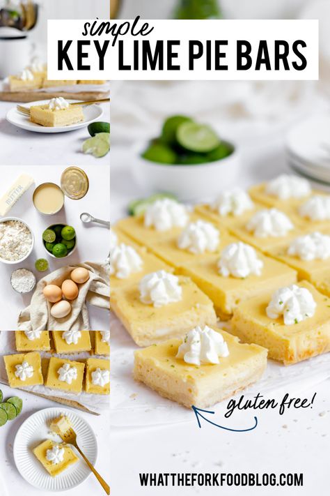 Simple Gluten Free Key Lime Pie Bars are a tasty twist on traditional key lime pie. They’re made with a shortbread crust, simple key lime filling, and topped with lime zest and whipped cream. It’s a cool, creamy dessert perfect for hot summer nights. Double the recipe to feed a larger crowd or bring to a potluck. Easy gluten free dessert recipe from @WhatTheForkBlog - visit whattheforkfoodblog.com for more gluten free baking recipes, gluten free pie recipes, and gluten free dessert recipes. Gluten Free Key Lime, Gluten Free Key Lime Pie, Gluten Free Pies Recipes, Key Lime Filling, What The Fork, Key Lime Pie Bars, Cake Bars Recipe, Homemade Graham Cracker Crust, Lime Pie Recipe