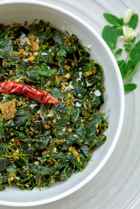 Moringa (Drumstick) Leaves Stir-Fry Recipe | The take it easy chef Drumstick Leaves, Indian Vegetable Recipes, Moringa Recipes, Microgreens Recipe, Indian Side Dishes, Moringa Leaves, Vegetarian Snacks, Vegetarian Cooking, Cooking Ingredients