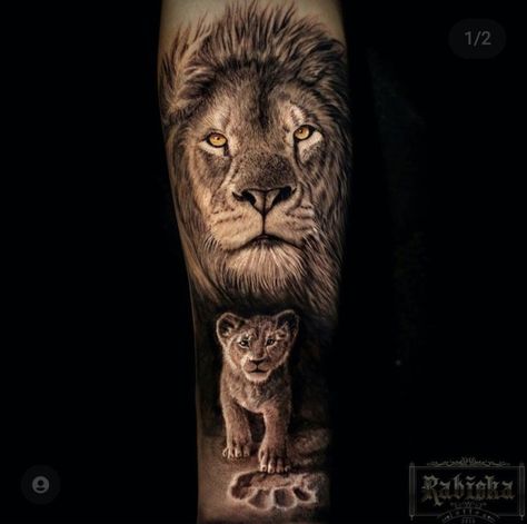 Lion Father And Son Tattoo, Lion Son Tattoo, Father Tattoos For Son, Lion And Cub Tattoo Father, Half Lion Tattoo, Lion Tattoo Half Sleeve, Lion And Cub Tattoo, Lion Cub Tattoo, Family Sleeve Tattoo