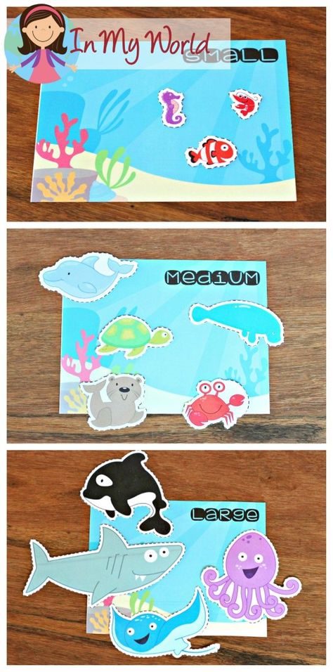 Ocean Preschool Centers sorting sea creatures by size Sea Creatures Kindergarten, Sea Animals For Preschoolers, Sea Animal Activity, Sea Animal Activities, Sea Animals Preschool, Ocean Animals Preschool, Ocean Lesson Plans, Ocean Animal Crafts, Ocean Theme Preschool