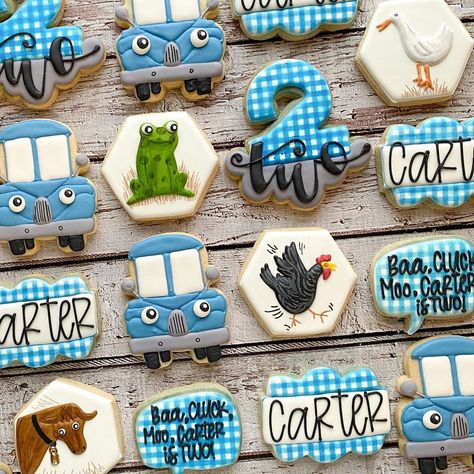 Little Blue Truck Birthday Party Food, Monster Truck Cookies 3rd Birthday, Little Blue Truck 1st Birthday Party, Little Blue Truck Cookies, Little Blue Truck Fall Birthday Party, Pumpkin Patch Birthday, Truck Theme Birthday, 2nd Birthday Party For Boys, Farm Themed Birthday Party