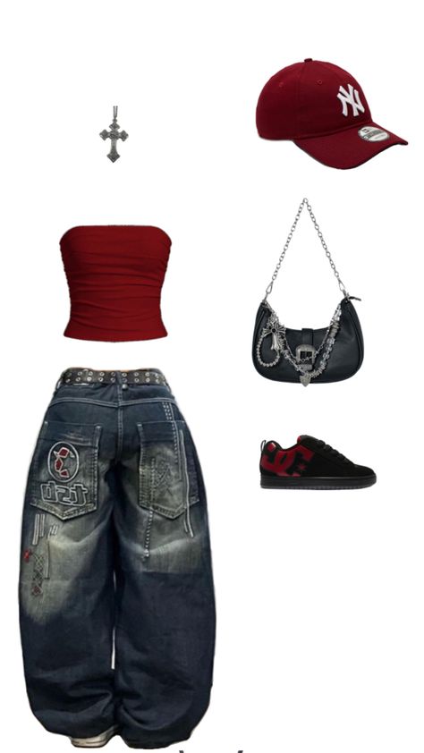 Streetwear Outfit Y2k, Grunge Baggy Jeans Outfit, Grunge Y2k Outfits Baggy, Single Color Outfit, Y2k Back To School Outfits, Y2k 2000s Fashion Outfits, Y2k Outfits Girl, Shein Y2k Outfits, Simple Y2k Outfit