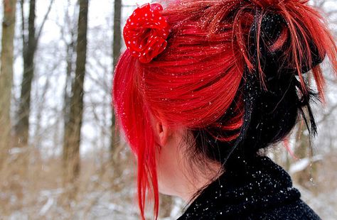 Black And Bright Red Hair, Black And Red Fluffy Hair, Black And Red Alt Hair, Egirl Hair Strands Red, Egirl Hairstyle Color Red, Pink And Orange Hair, Black Red Hair, Glitter Hair, Scene Hair