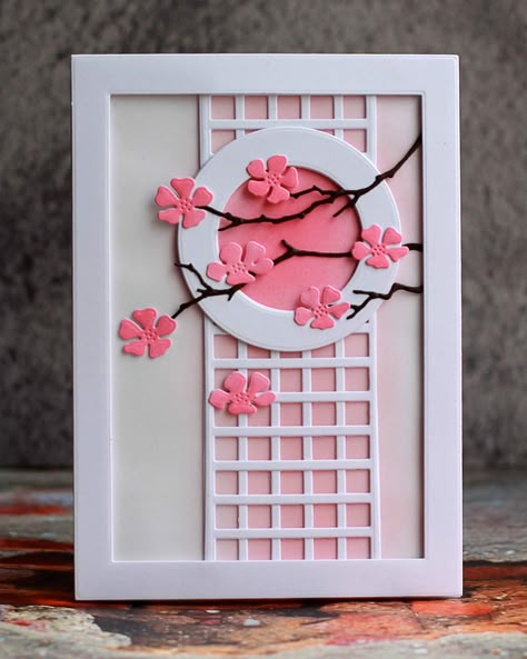 Artwork Using Shapes, Aesthetic Cards, Sakura Blossoms, Asian Cards, Japan Crafts, Instruções Origami, Die Cut Cards, Card Tutorial, Craft Art