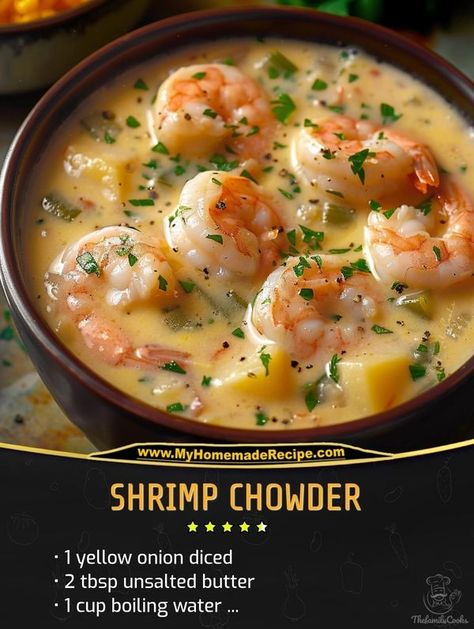 Luna Morales Shrimp Chowder Recipe, Shrimp Chowder, Recipes Shrimp, Shrimp Recipes Easy, Family Cookbook, Chowder Recipes, Russet Potatoes, Boiling Water, Yellow Onion