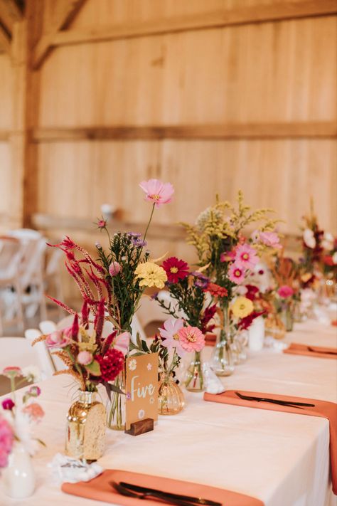 Small Flower Vases Wedding Table, Bus Vases Wedding Table, Painted Vases Wedding Centerpieces, Small Fall Bouquet Wedding, Fall Wildflower Bud Vases, Fall Wedding Centerpieces Long Table, Mini Vases With Flowers Centerpiece, Head Table Bud Vases, Fall Bud Vase Centerpiece