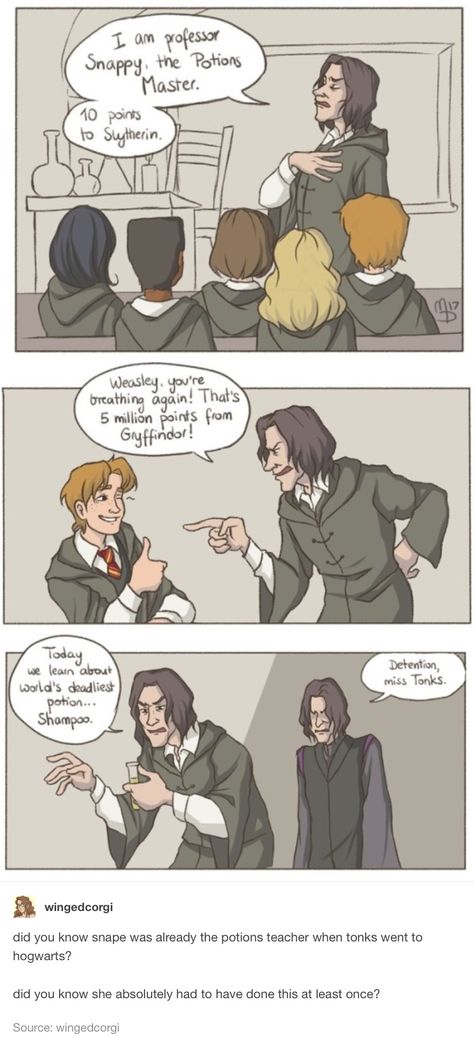 HP comic - Tonks as Severus Snape Harry Potter Fanart Harry, Humour Harry Potter, Hogwarts Legacy Fanart, Harry Potter Humor, Fanart Harry Potter, Funny Harry Potter, Citate Harry Potter, Nerdy Jokes, Glume Harry Potter