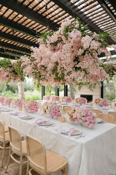 Peonies Party Decor, Luxury Baby Shower Ideas Girl, Cherry Blossom Bridal Shower Theme, Cherry Blossom Table Setting, Cherry Blossom Baby Shower Ideas, Cherry Blossom Candy Table, Blush Pink Baby Shower Ideas, Bloom Baby Shower Ideas, Cherry Blossom Event