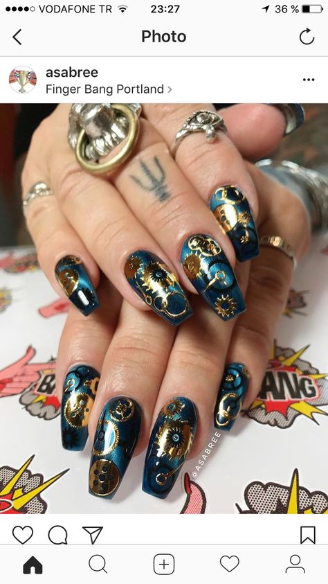 Clock Nails Design, Steampunk Nail Art, Steampunk Nails Designs, Steampunk Nails, Steampunk Outfits, Deco Nails, Steampunk Ideas, Art Deco Nails, Punk Nails