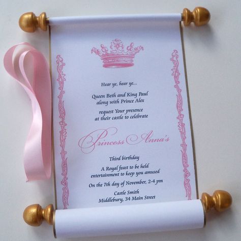 Invitation Scroll, Fairytale Invitation, Royal Princess Birthday, Crown Baby Shower, Scroll Invitation, Princess Baby Shower Invitation, Princess Invitation, Disney Princess Birthday Party, Invitation Examples