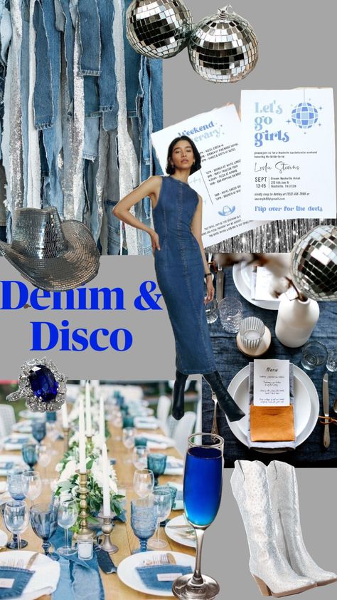 Bridal Shower Theme. Denim & Disco 💍🕺👖 Denim Bachelorette Party, Denim Themed Party, Denim Disco, Diamond Theme Party, Diamonds And Denim Party, 21st Birthday Themes, Bachelorette Party Unique, Disco Theme Party, Unique Party Themes