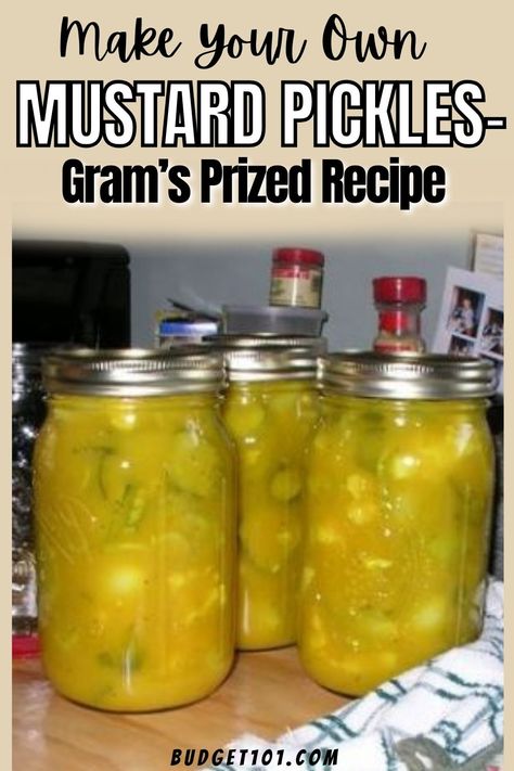 jars of homemade mustard pickles aka end of the garden pickles Homemade Mustard Pickles Recipe, Yum Yum Pickles Recipe, Easy Mustard Pickles Recipe, Honey Mustard Pickles Recipe, Mustard Pickles Recipe Canning, Sour Mustard Pickles Recipe, Honey Mustard Pickles, Sweet Mustard Pickles Recipe, Mustard Pickles Recipe