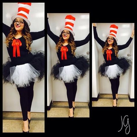 Cat in the hat costume Cat The Hat Costume, Cat In The Hat Outfit For School, Cat In The Hat Dress Up Ideas For School, Cat In The Hat Day At School Outfit, Dr Seuss Diy Costumes, Cat In The Hat Costume, Halloween Costume Womens, Dr Seuss Costumes, Womens Halloween Costumes