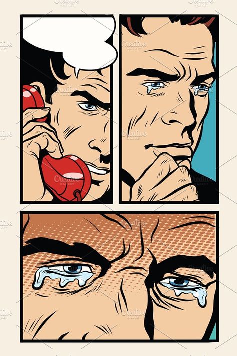 Comic storyboard man phone cries by rogistok on @creativemarket Comics Layout, Pop Art Man, Vintage Comic Art, Comic Storyboard, Retro Comic Art, Comic Pop Art, Retro Vector Illustration, Illustration Human, Pop Art Retro