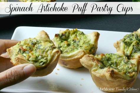 Spinach Artichoke Puff Pastry Cups | LeMoine Family Kitchen . These puff pastry cups are so easy to make and such great flavor! Perfect party food appetizer! Talegate Food, Spinach Artichoke Puff Pastry, Artichoke Puff Pastry, Puff Pastry Cups, Artichoke Appetizer, Pastry Cups, Pastry Appetizer, Elegant Appetizers, Puff Pastry Recipes