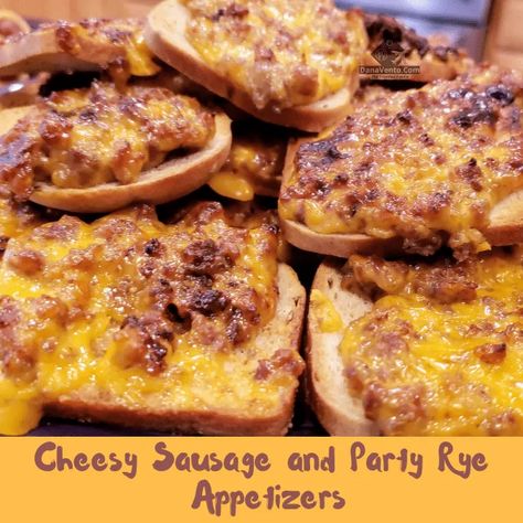 Rye Bread With Sausage And Cheese, Rye Bread Appetizer Snacks, Sausage And Cheese On Rye Bread, Rye Sausage Squares, Rye Bread Sausage Appetizer, Party Rye Pizza Recipe, Party Ryes Appetizers, Sausage And Velveeta On Party Rye, Rye Pizza Appetizers