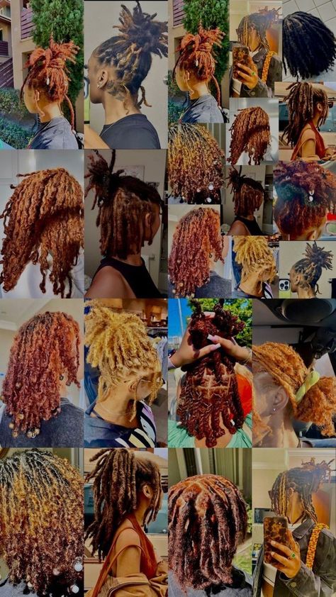 Colored Locs With Curly Ends, Cute Hairstyles For Short Starter Locs, Locs Type 4 Hair, Natural Dyed Locs, Fall Colors For Locs, Sides For Baked Fish Dinners, Starter Locs Short 4c Hair Styles, Loc Styles Back To School, Ginger And Blonde Hair Black Women Locs