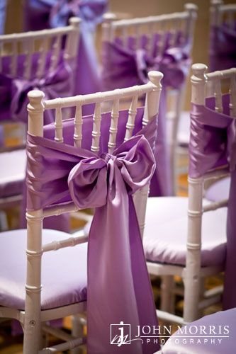 Maybe this wedding chair lavender color bows. For the guest to sit on. Purple Wedding Chairs, Wedding Reception Purple, Lavender Wedding Centerpieces, Ribbons Wedding, Ideas For Wedding Reception, Gypsophila Wedding, Reception Layout, Purple Wedding Theme, Ceremony Chairs