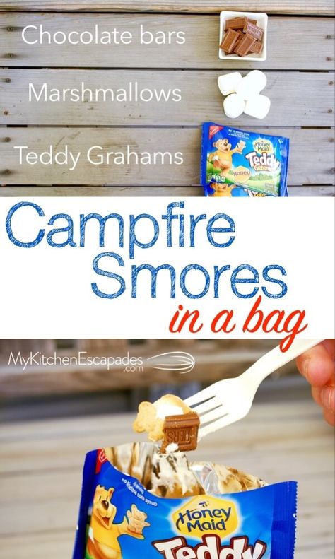 Campfire Smores in a Bag - Walking Bag Food, S'mores In A Bag Camping, Camping No Fridge, Teddy Grahams Ideas, Camp Fire Treats, S’mores Hack, Campfire Treats For Kids, Campfire Hot Dogs, Smores Without A Campfire