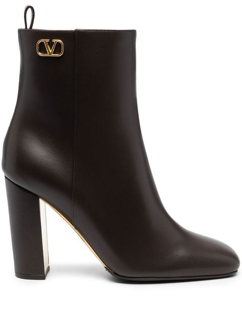 110mm VLogo ankle boots from VALENTINO GARAVANI featuring brown, calf leather, square toe, VLogo Signature, side zip fastening, pull-tab at the heel and high block heel. | Valentino Garavani 110mm VLogo ankle boots Valentino Boots, Valentino Collection, Ankle Boots Brown, Chanel Boots, Booties Boots, Luxury Designer Shoes, Buckle Ankle Boots, Formal Shoes For Men, Log Cabins