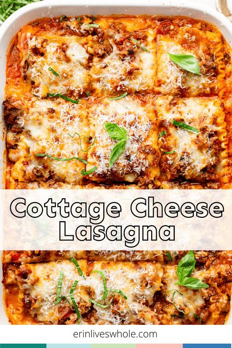 Cottage Cheese Lasagna is a high protein recipe made with ground beef, turkey sausage, diced tomatoes, marinara, and more! Easy to make, everyone will love the taste of this dish that features a 3 cheese layer in every bite. Protein Lasagna Recipe, Cottage Cheese Lasagna Recipe, Cottage Cheese Lasagna, Cheese Lasagna Recipe, Healthy Lasagna Recipes, Lasagna With Cottage Cheese, High Protein Recipe, Lasagna Recipe With Ricotta, Healthy Lasagna