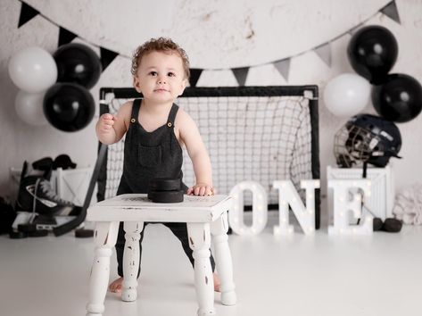 Hockey Themed 1st Birthday Party, Hockey Theme First Birthday, Hockey Smash Cake 1st Birthdays, Hockey First Birthday Pictures, Hockey First Birthday Party, The Great One Hockey Birthday, Newborn Hockey Photography, Boys Hockey, Hockey Birthday