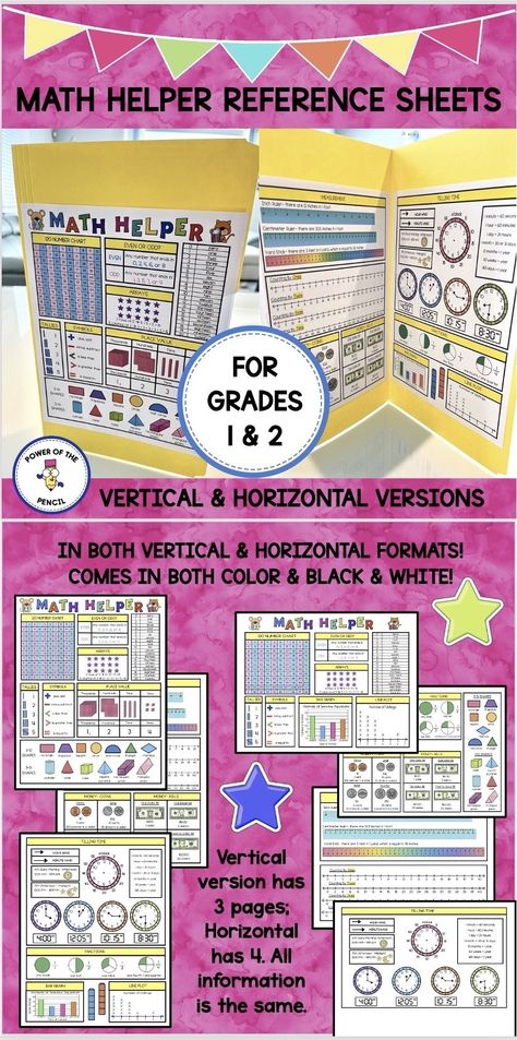 Math helper reference charts for first and second grade math standards. Students can put these reference sheets inside their desks in math folders, journals, or homework folders. Great for guided independence! Comes in vertical and horizontal formats AND each is in color plus black & white! Homework Folders, Math Reference Sheet, Math Helper, Math Folders, Homework Folder, Number Chart, Reference Chart, Math Homework, Second Grade Math