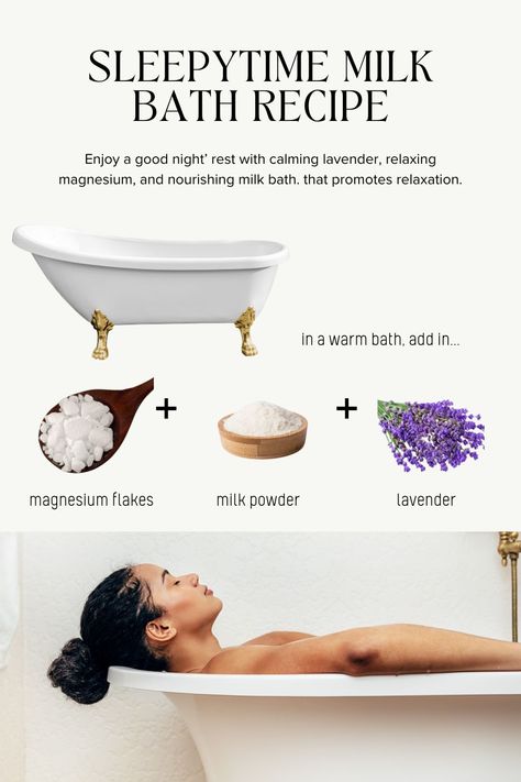 sleepy time milk and lavender bath recipe step by step instructions and woman relaxing in bath Oatmeal Bath Soak Diy, Diy Bath Milk, Full Moon Bath Salts Recipe, Magnesium Bath Soak Recipe, Bath Ideas Relaxing Diy Spa, Milk Bath Recipe Diy, Spiritual Bath Recipes, Bath Ideas Relaxing, Diy Milk Bath