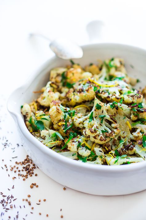 Coriander Roasted Cauliflower with Garlic, Lemon & Caraway Feasting At Home, Roasted Cauliflower Recipes, Buffalo Cauliflower, Vegan Side Dishes, Vegan Sides, Vegan And Gluten Free, Cauliflower Recipes, Roasted Cauliflower, Vegetable Side Dishes