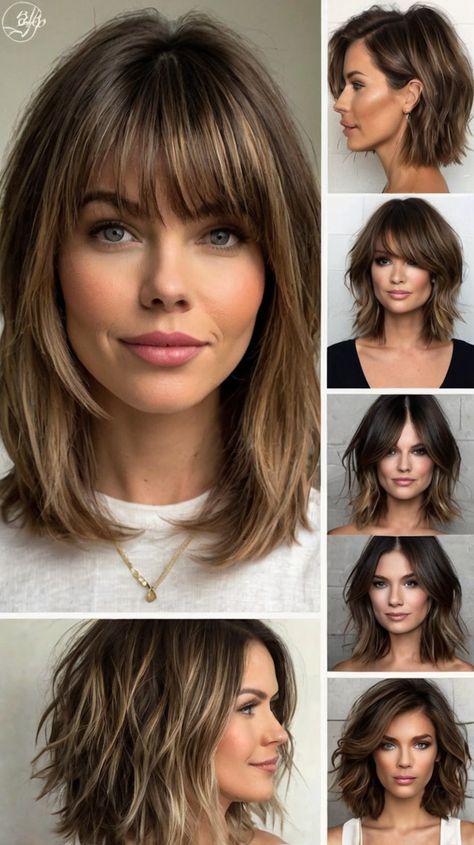 Medium-Length Shag Haircuts Professional Shoulder Length Hairstyles, Medium Feathered Haircuts, Medium Layered Shag With Fringe, Shoulder Length Hair With Bangs And Layers, Shaggy Bangs Medium, Medium Length Layered Hair With Bangs, Mid Length Shag Haircut, Medium Length Haircut Bangs, Feathered Haircut