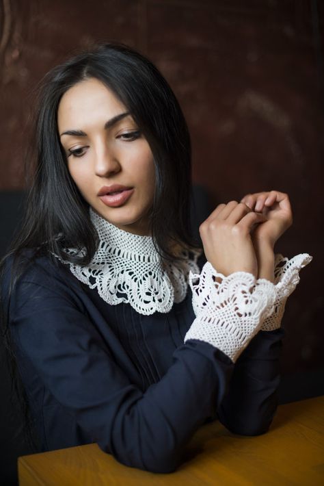 Hand made crochet collars and cuffs  Knitted by Zefirworkshop Yarn Diy Projects, Crochet Collars, Col Crochet, Crochet Numbers, Crochet Lace Collar, Stand Collar Dress, Goth Choker, Knitted Collar, Collar Choker