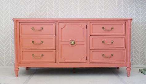 Coral Painted Furniture, Coral Dresser, Coral Furniture, Old Kitchen Tables, Coral Nursery, Pink Dresser, Caden Lane, Orange Furniture, Interior Design Career