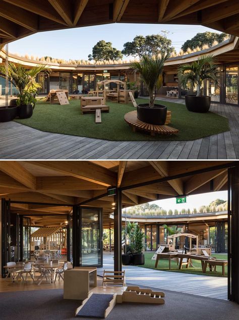 The centrally located playground at this early learning centre is open to the elements and is surrounded by the classrooms. College Outside Area, Daycare Centre Ideas, Early Learning Center Design, Open Classroom Design, Recreational Park Design Ideas, Innercourt Design, Performance Space Architecture, Learning Center Architecture, Courtyard Playground