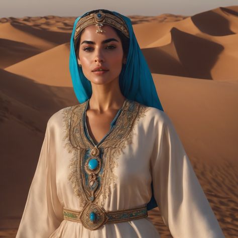 Embrace the enchanting allure of the Sahara desert with this captivating portrait of an Arab woman dressed in traditional attire. 🌟 Her grace echoes the timeless traditions of the desert, symbolizing strength, beauty, and cultural richness. Explore the Sahara's mystique through her eyes, where every grain of sand tells a story. 🐪✨ Sahara Desert Outfit Women, Genshin Sona, Desert Outfits Women, Sahara Desert Outfit, Desert Outfit, The Sahara Desert, Turkish Actresses, Fashion Forecasting, Grain Of Sand