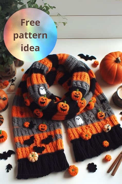 Create a festive Halloween crochet scarf with pumpkins, bats, and ghosts! This pattern is perfect for adding spooky charm to your wardrobe. Crochet Scarf Pattern, Scarf Knitting Patterns, Scarf Crochet Pattern, Halloween Crochet, Halloween Festival, Amigurumi Free, Amigurumi Free Pattern, Scarf Pattern, Crochet Scarf